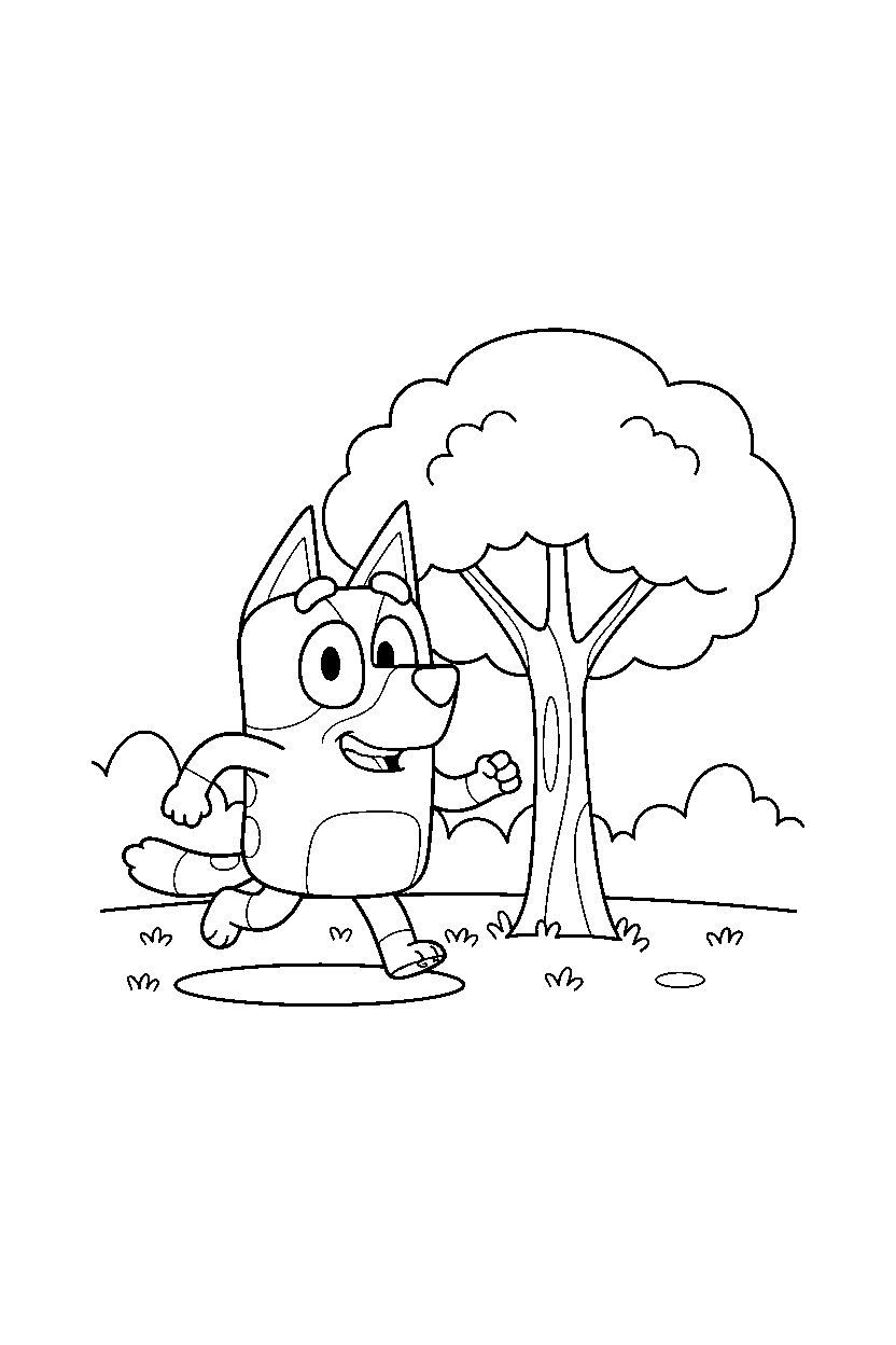 bluey heeler running happily near a tree with open grass line art