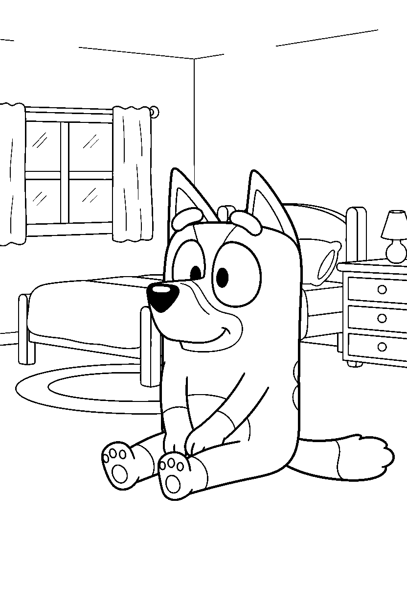 bluey heeler sitting calmly in a simple bedroom line art