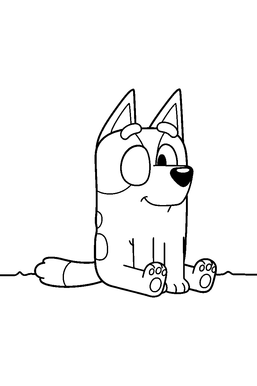 bluey heeler sitting calmly on a blank background with a ground line line art