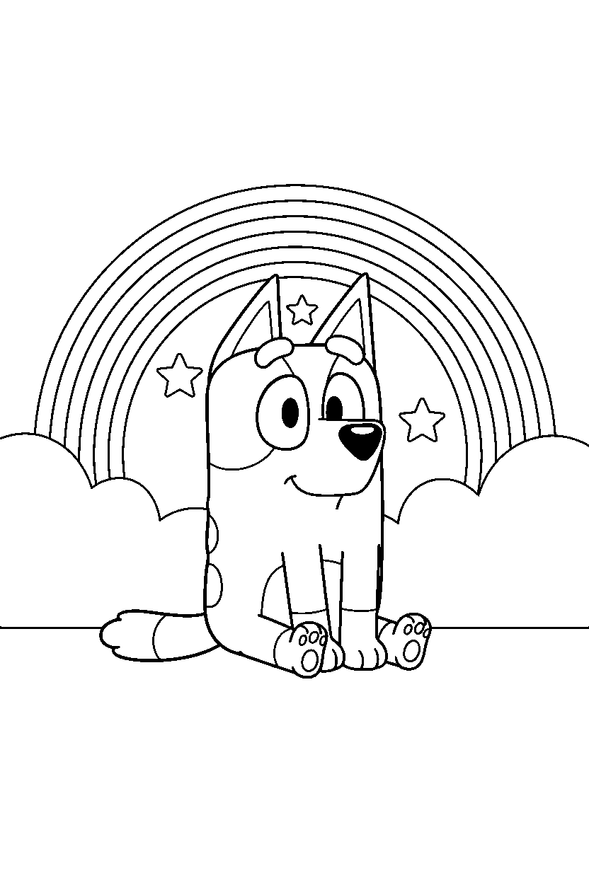 bluey heeler sitting calmly under a rainbow in the sky line art