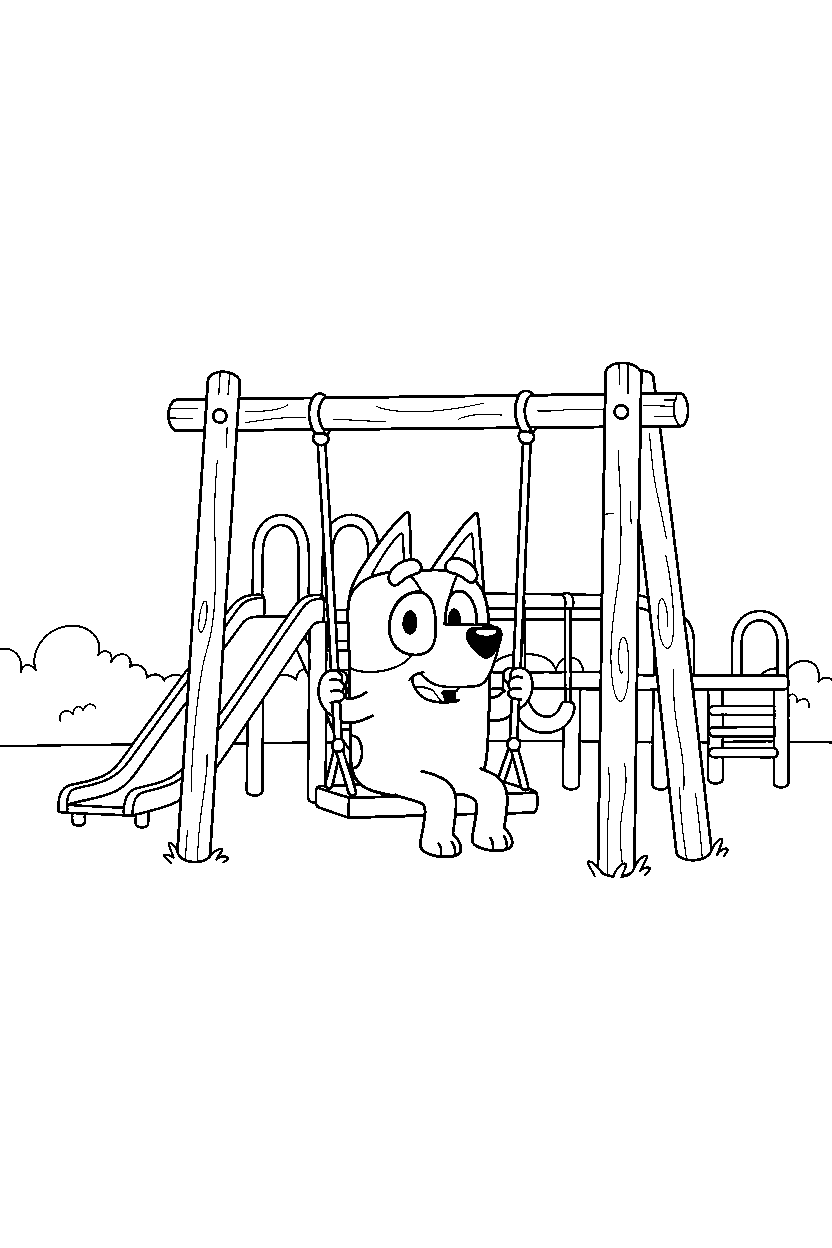 bluey heeler sitting happily at a simple playground line art