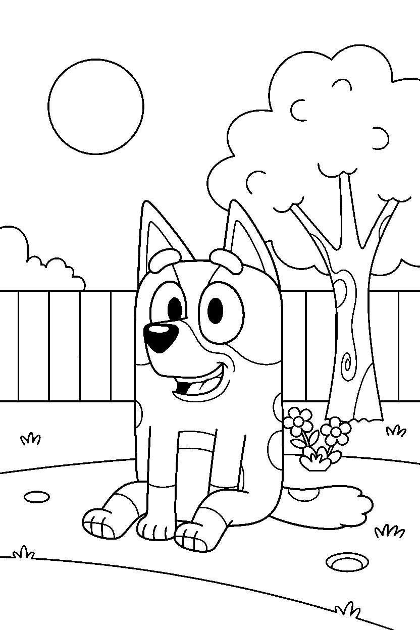 bluey heeler sitting happily in a simple backyard line art