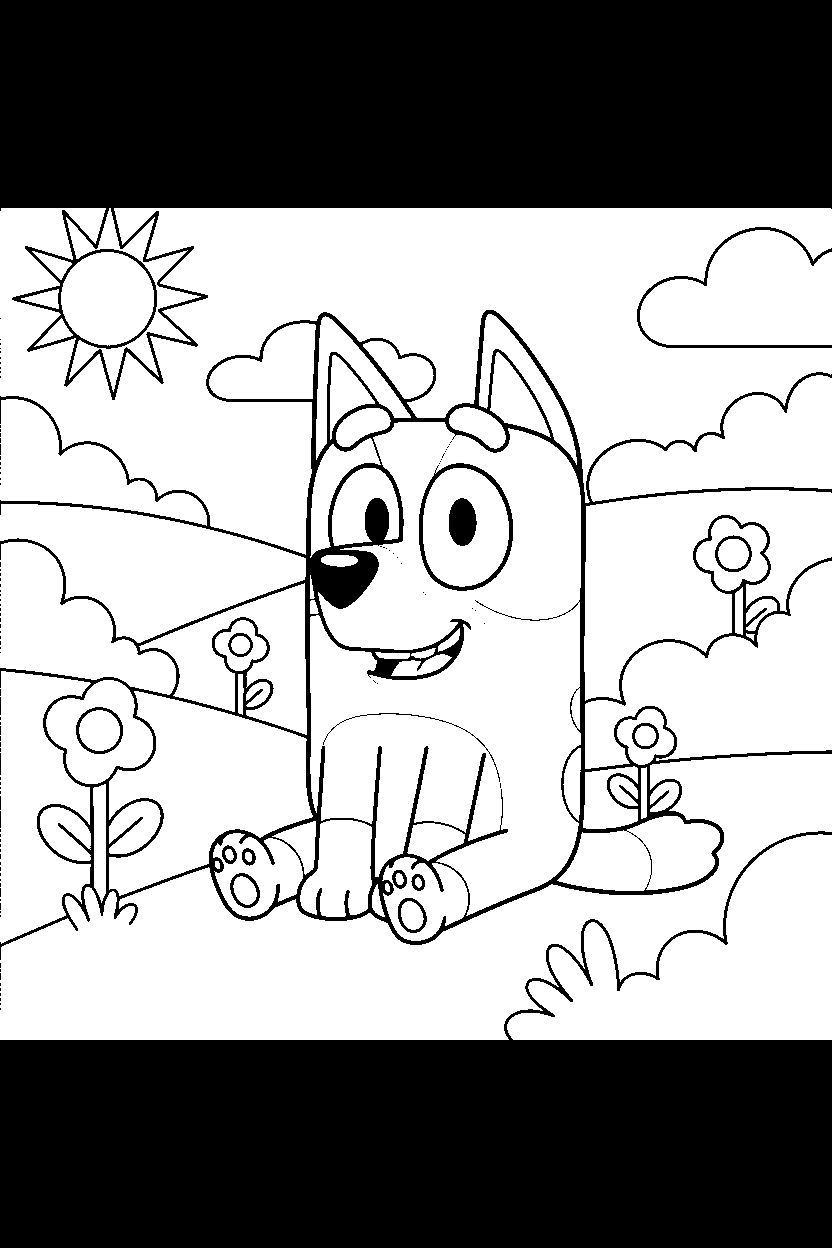 bluey heeler sitting happily in rolling hills line art