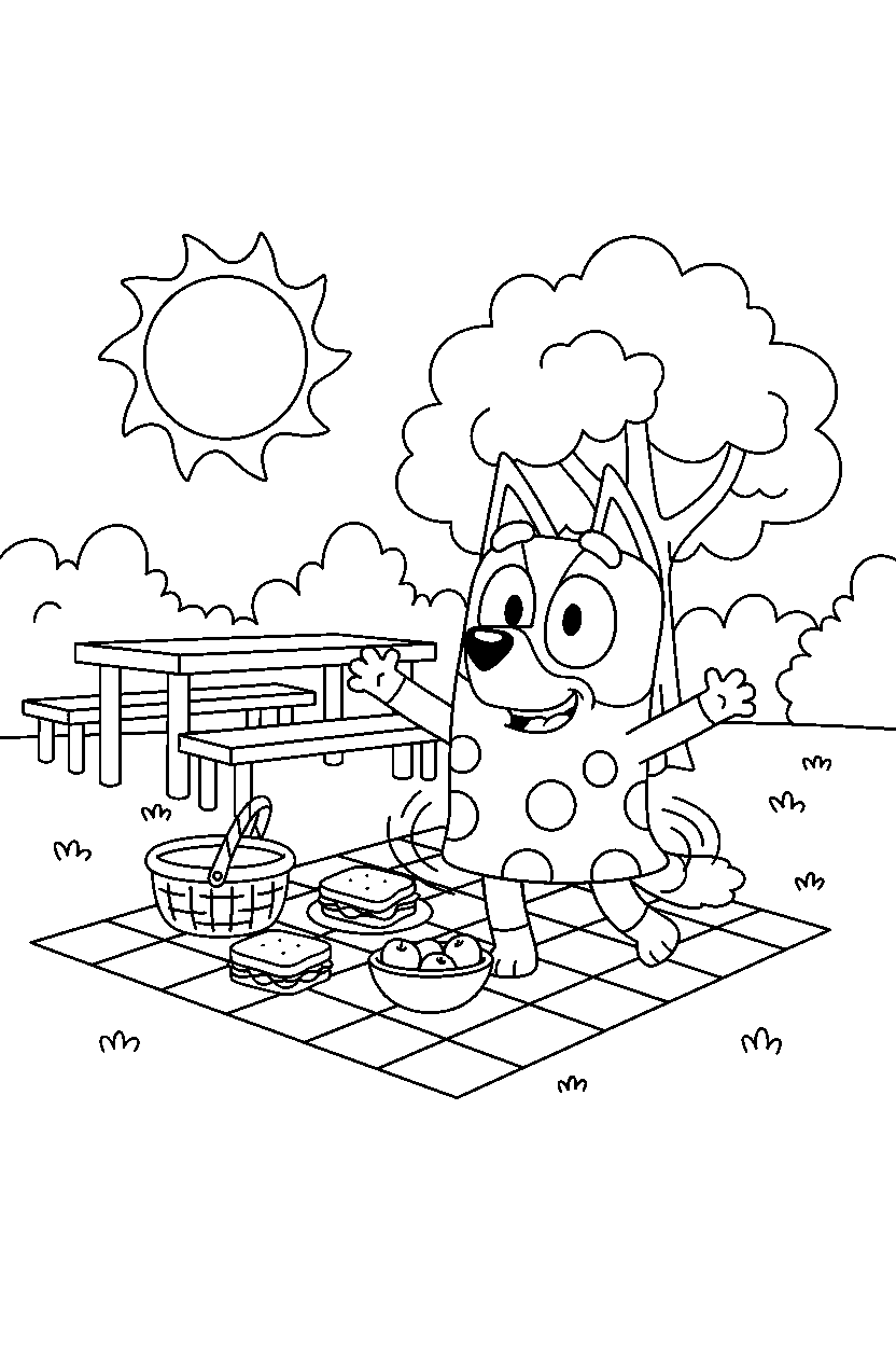 bluey heeler spinning happily at a simple picnic area line art