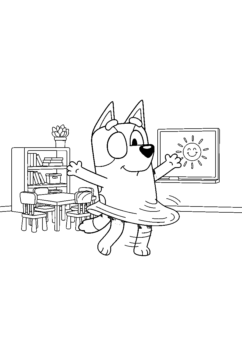 bluey heeler spinning happily in a simple classroom line art