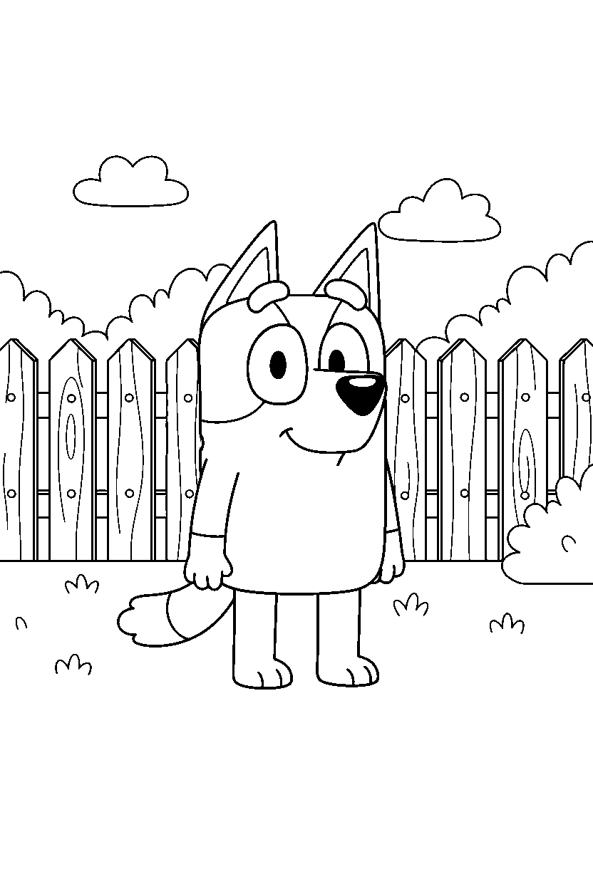bluey heeler standing and smiling in front of a wooden fence line art