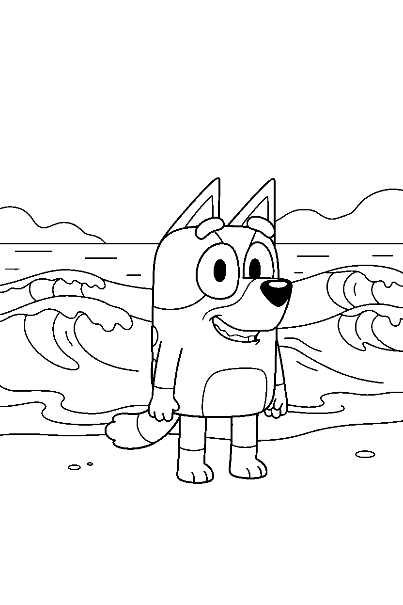 bluey heeler standing and smiling on a beach with simple waves line art