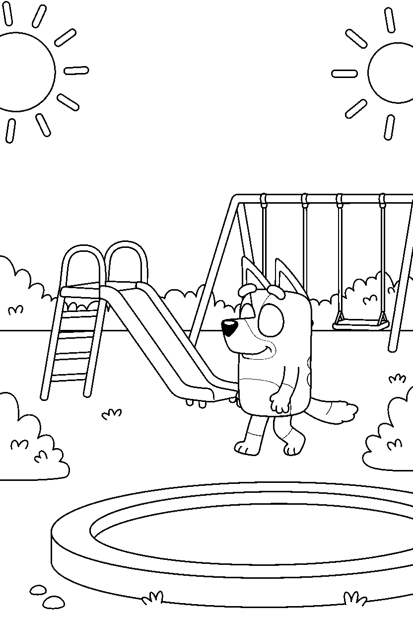 bluey heeler walking gently at a simple playground line art