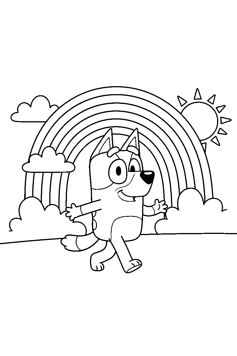 bluey heeler walking happily under a rainbow in the sky line art
