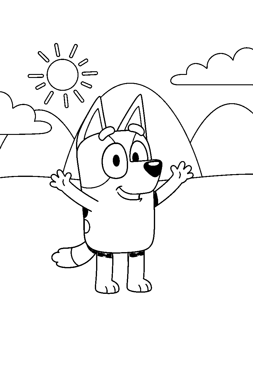bluey heeler waving happily in rolling hills line art