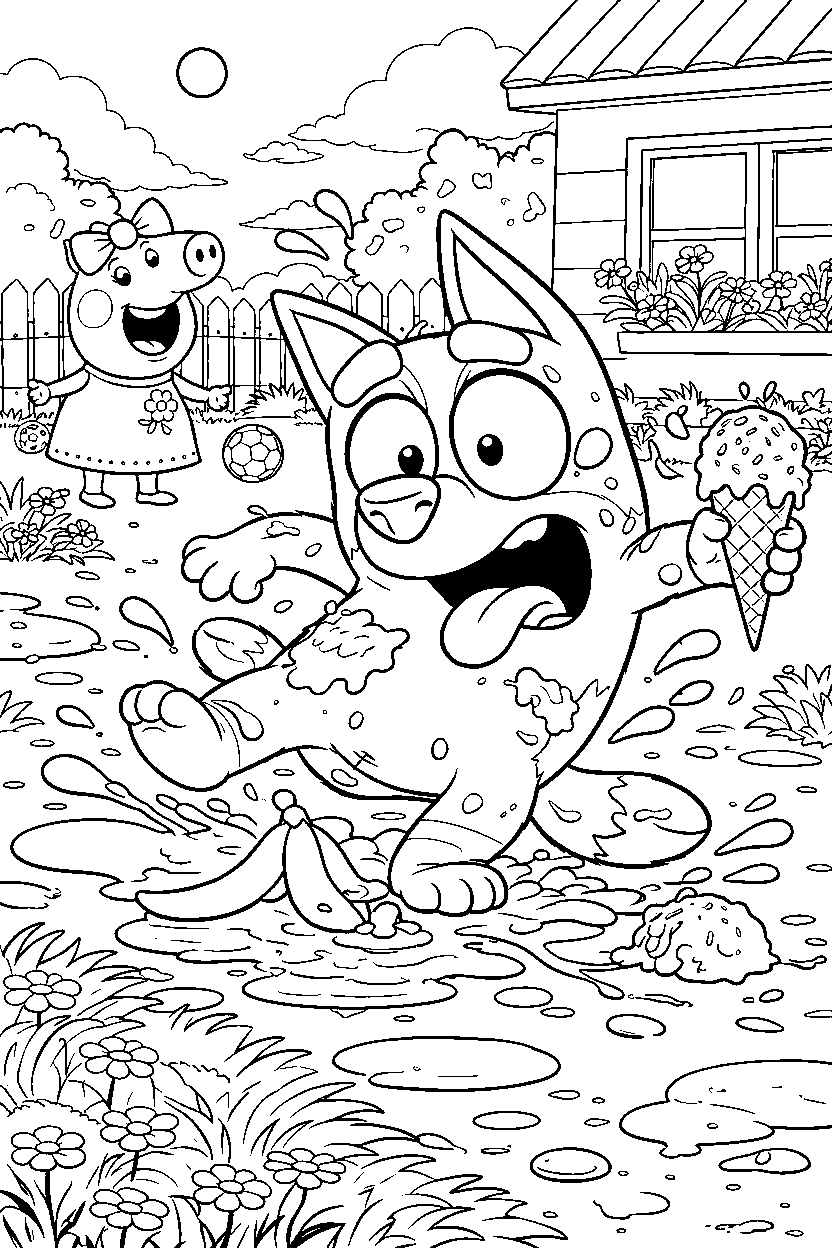 bluey ice cream and muddy puddles fun line art