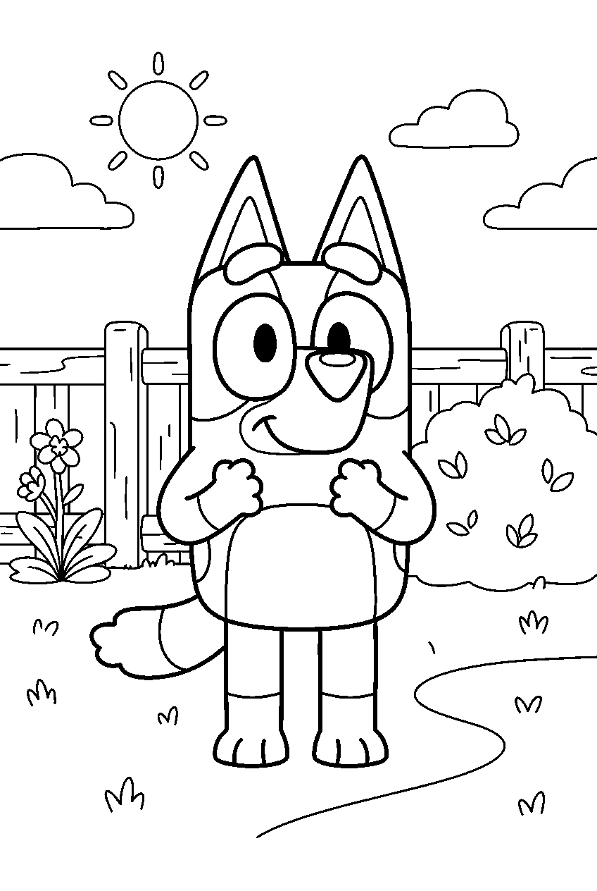 bluey in backyard line art