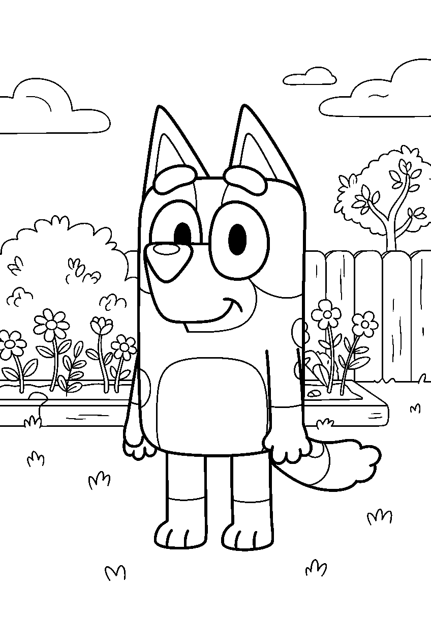 bluey in backyard garden line art
