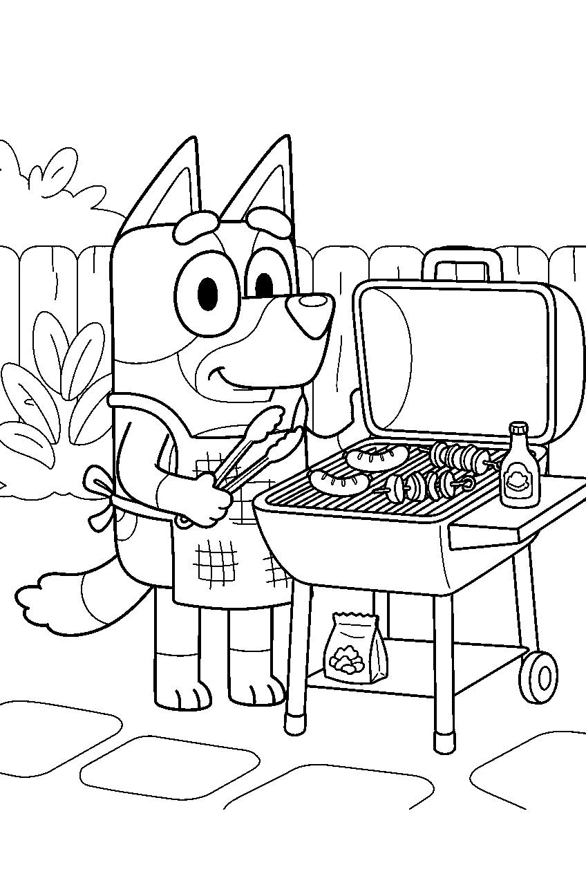 bluey in barbecue area line art