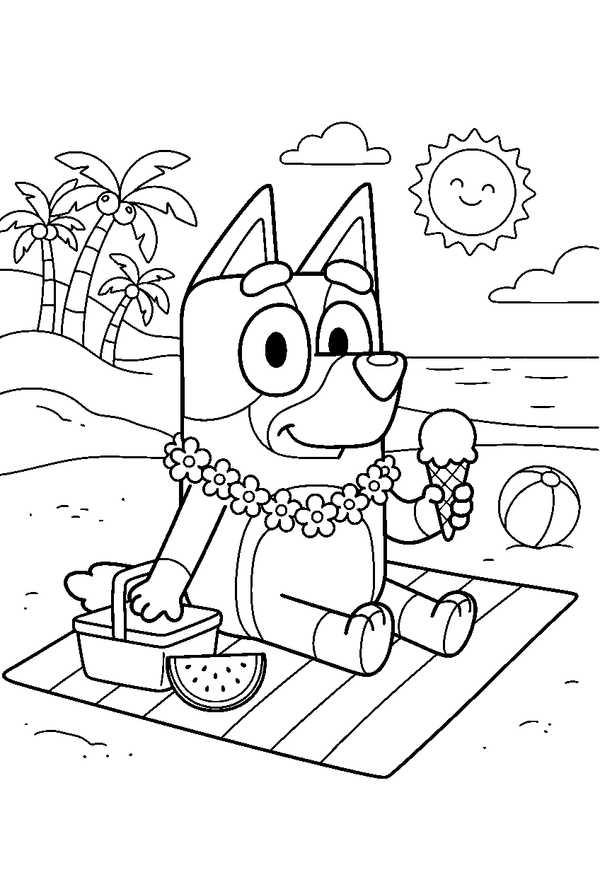 bluey in beach picnic area line art