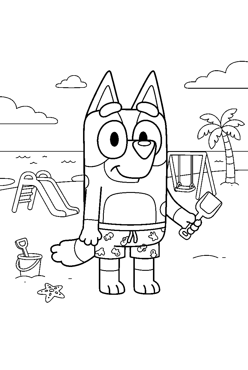 bluey in beach playground line art