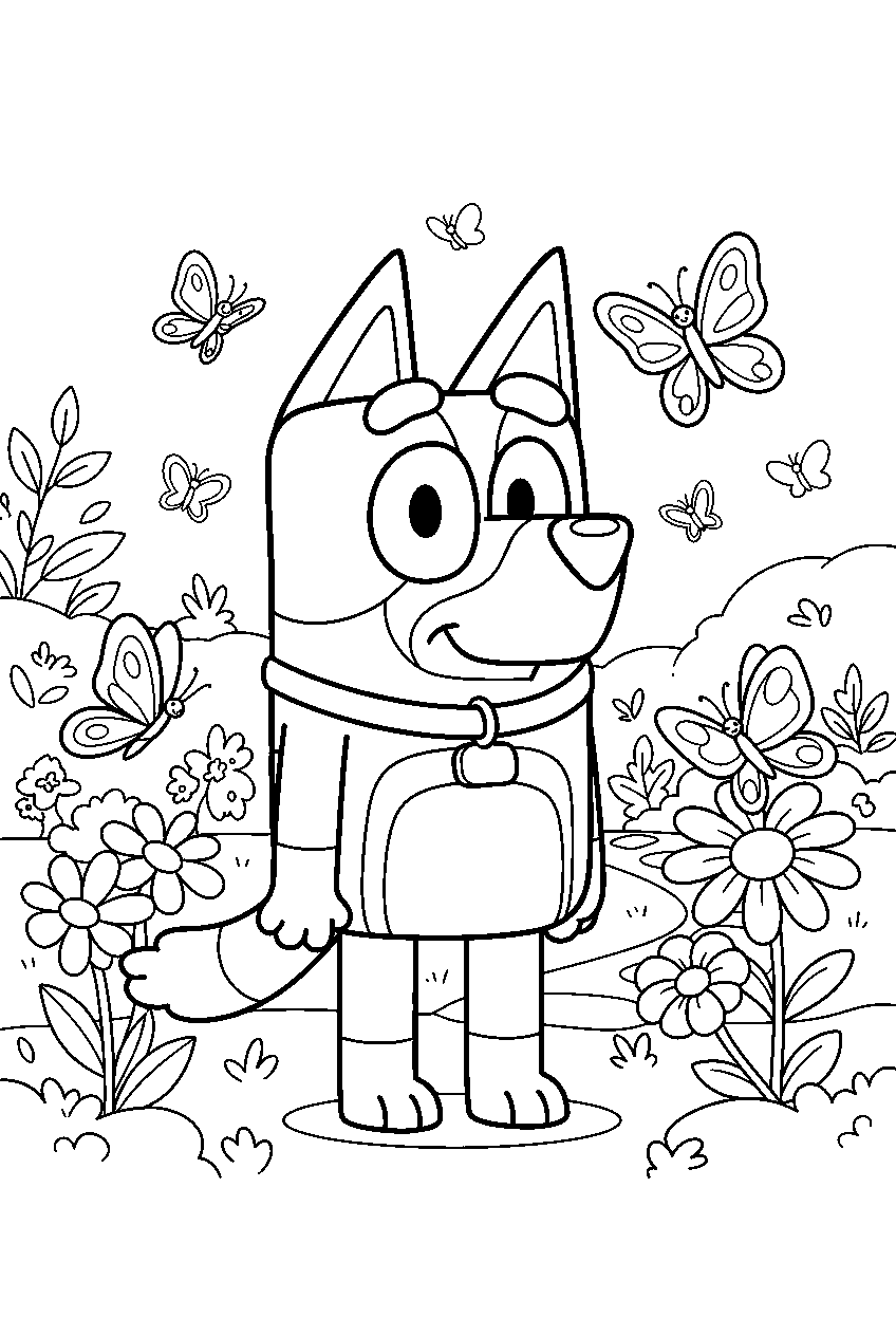 bluey in butterfly garden line art