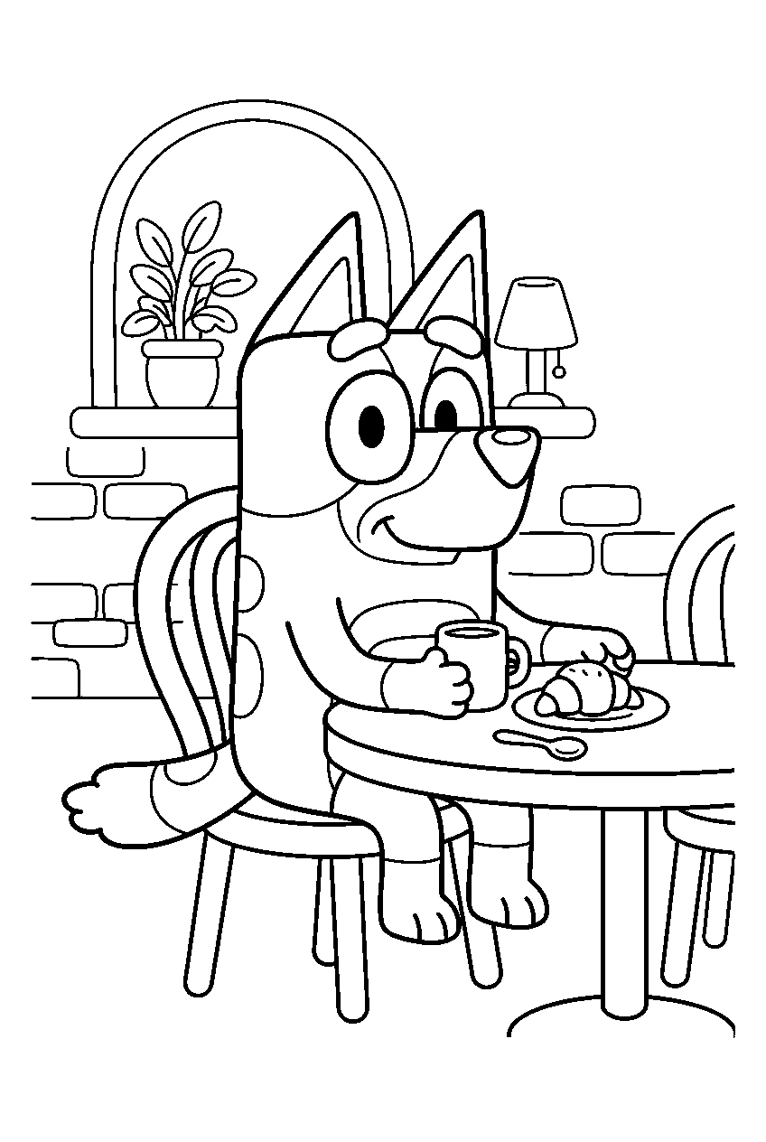 bluey in cafe line art