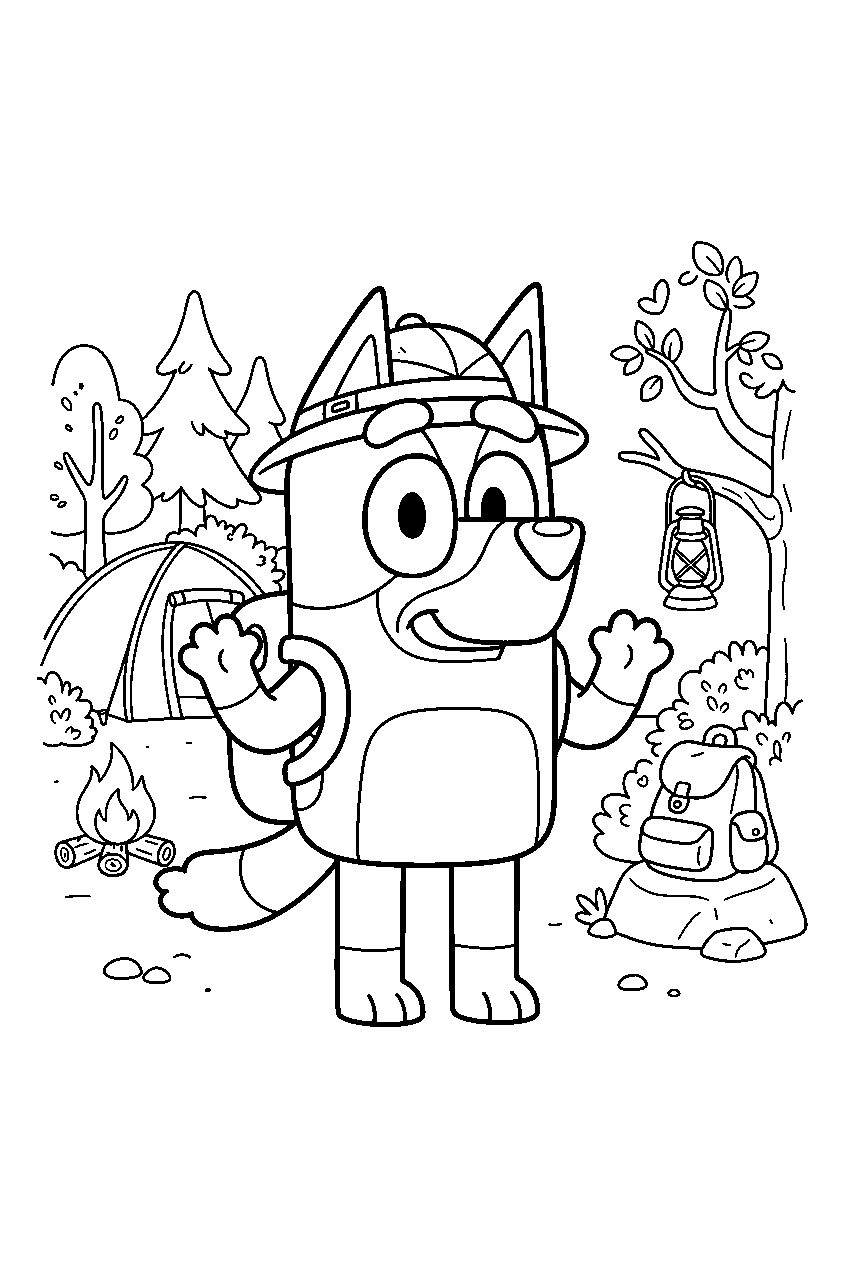 bluey in camping area line art