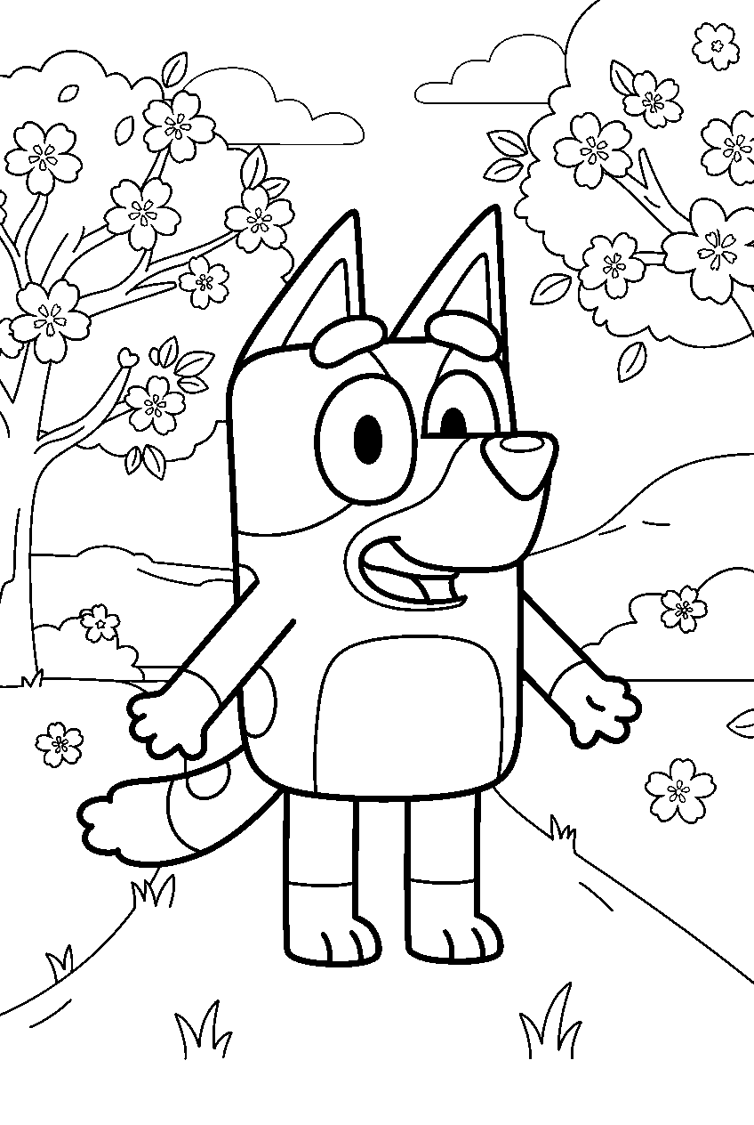bluey in cherry blossom park line art