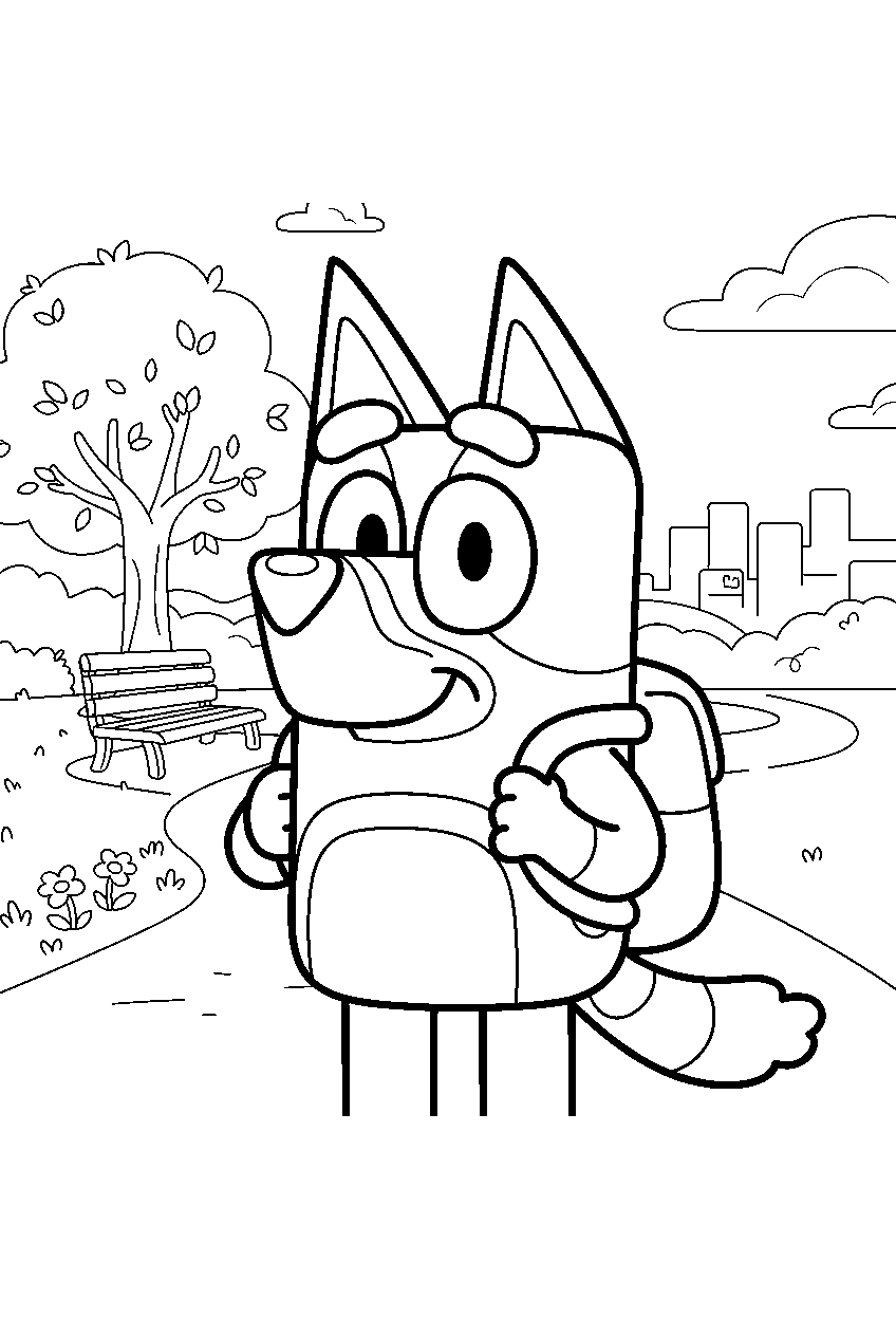 bluey in city park line art