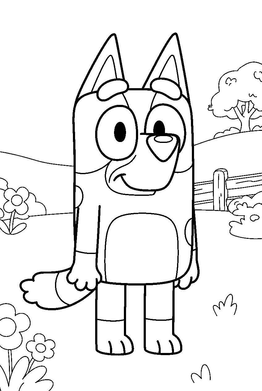 bluey in countryside field line art
