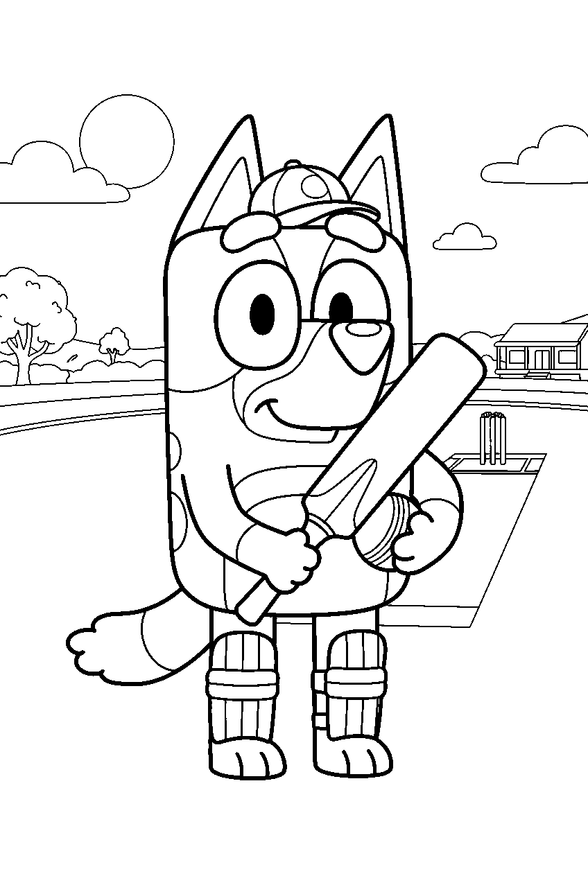 bluey in cricket field line art