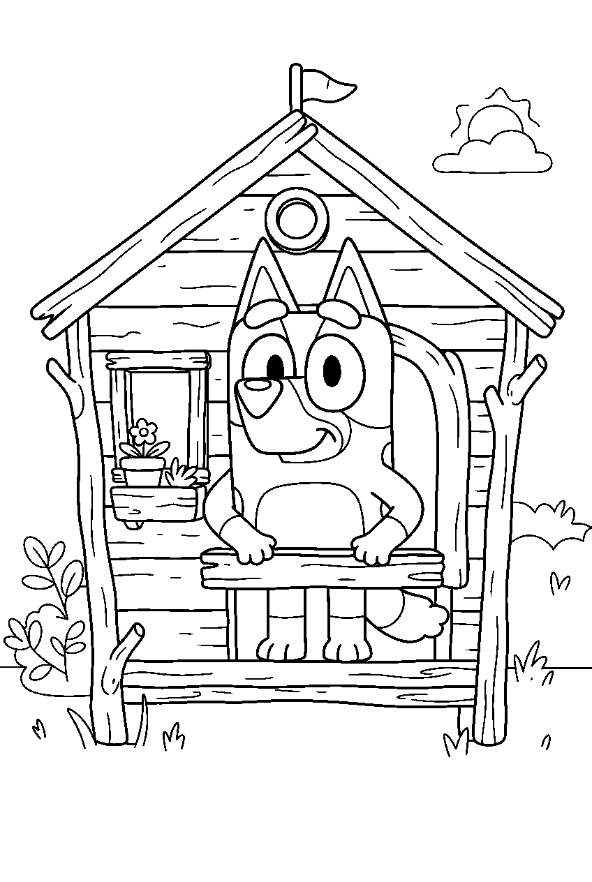 bluey in cubby house line art
