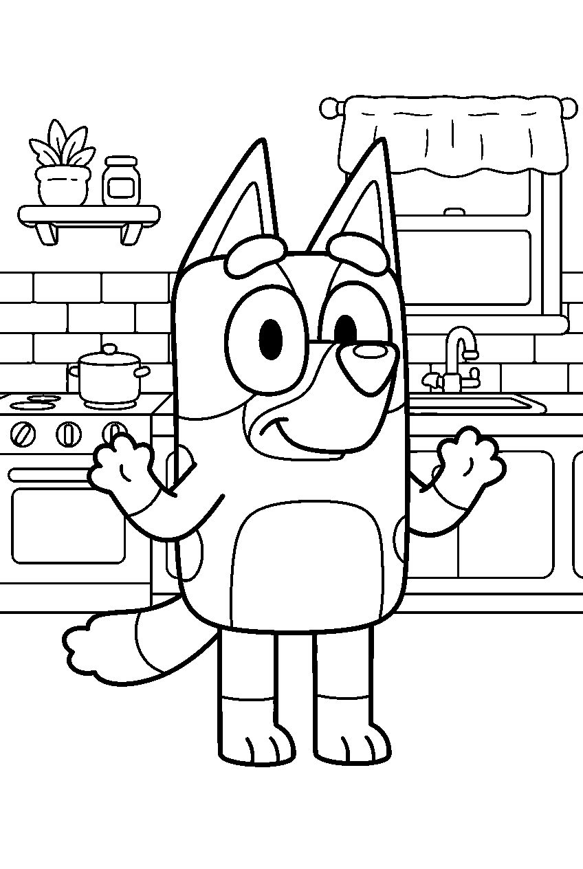 bluey in family kitchen line art