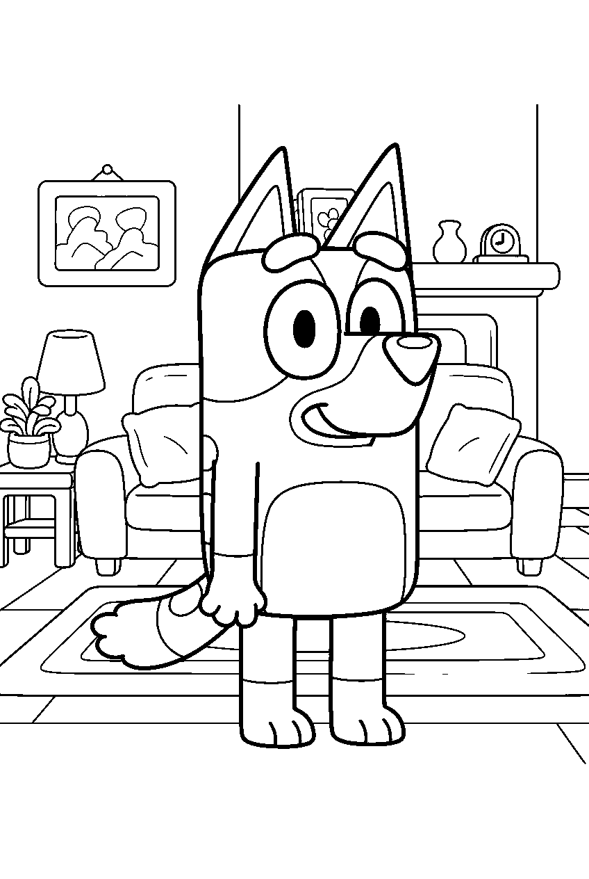 bluey in family living room line art