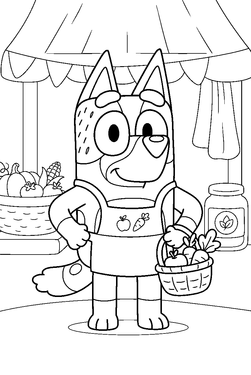 bluey in farmers market line art