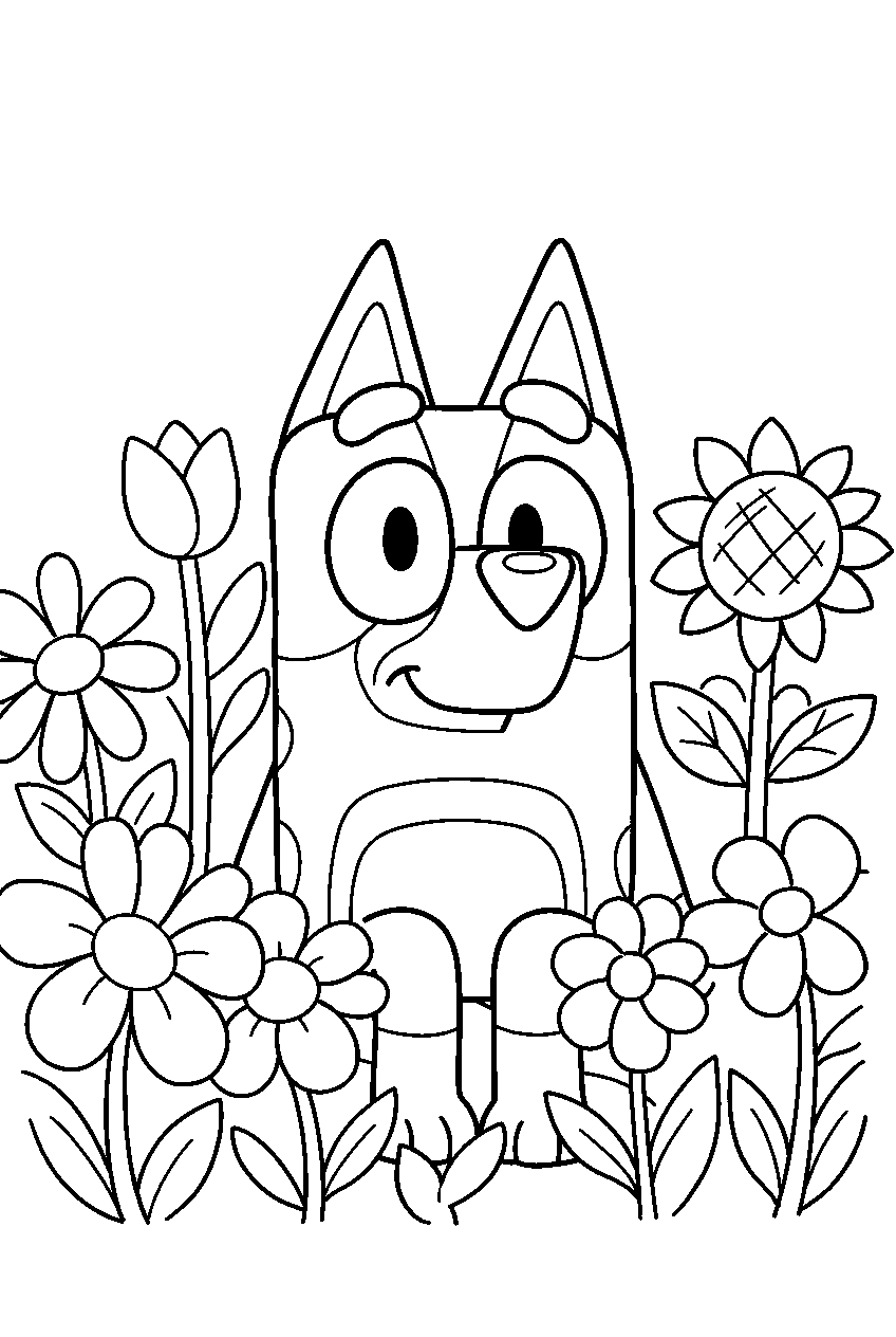 bluey in flower garden line art