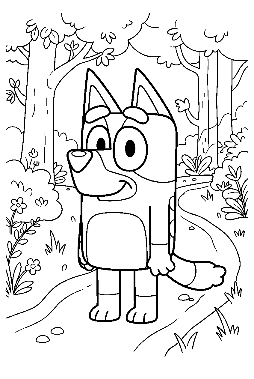 bluey in forest trail line art