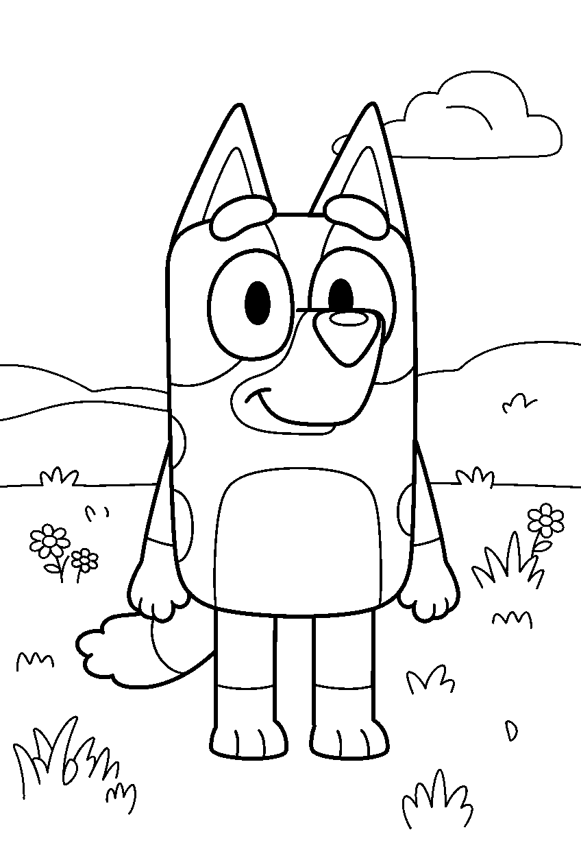 bluey in grassy meadow line art