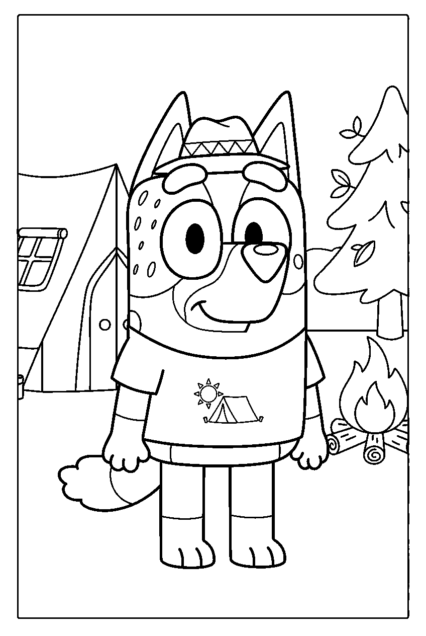 bluey in holiday campsite line art