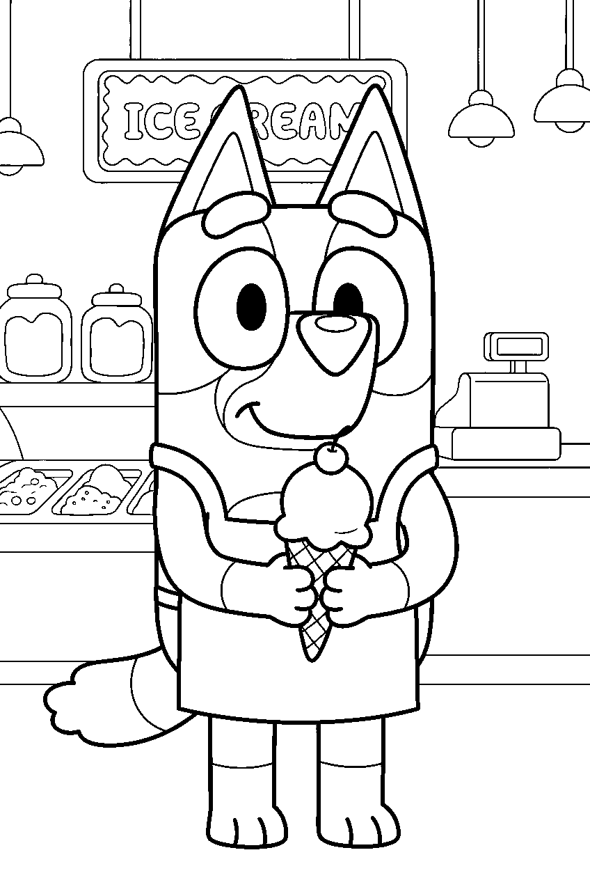 bluey in ice cream shop line art