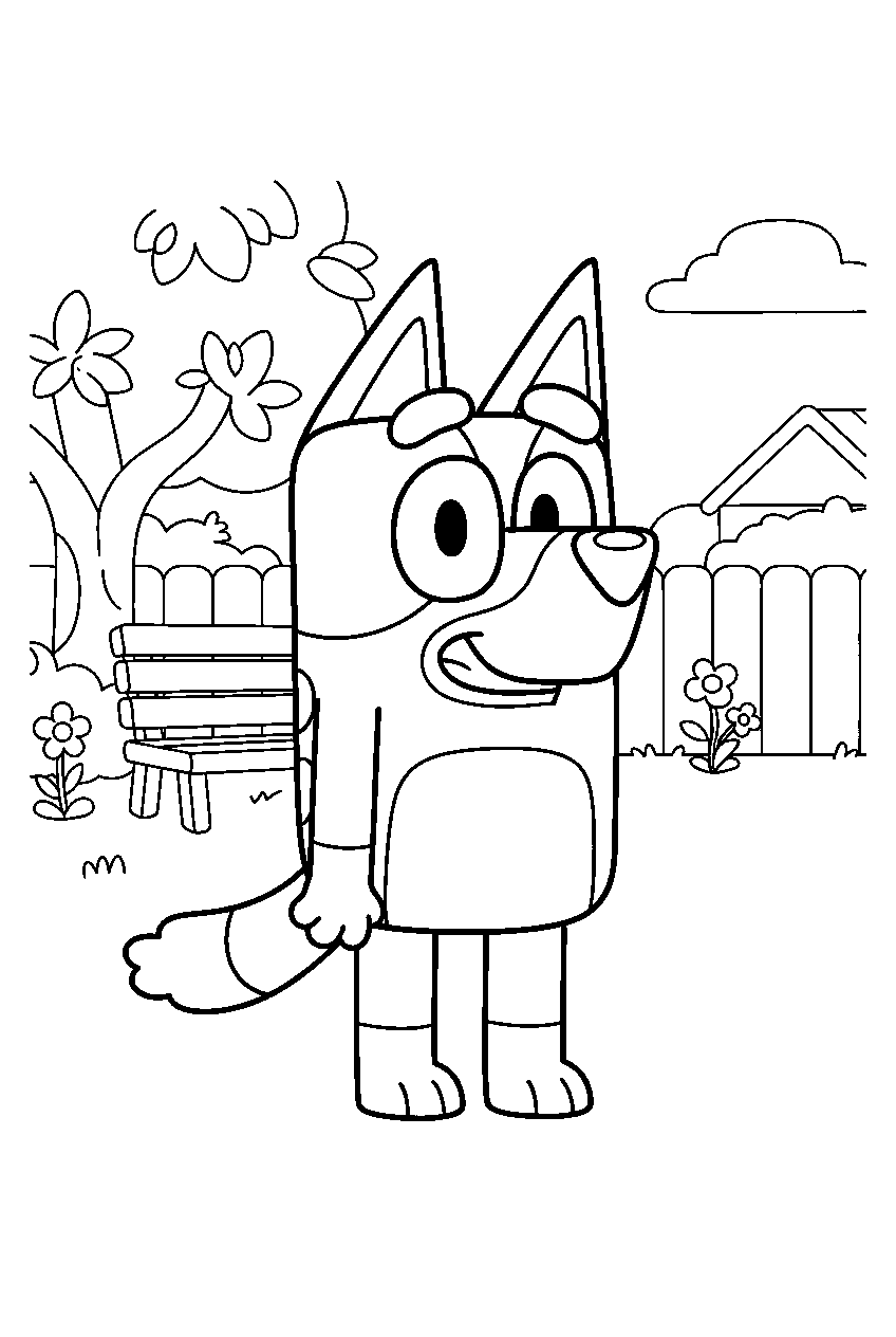 bluey in neighborhood park line art