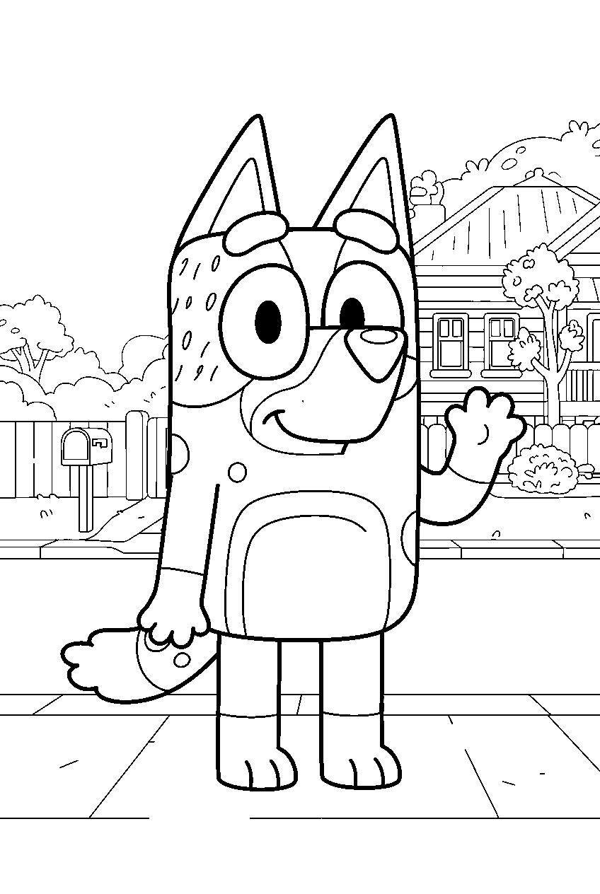 bluey in neighborhood street line art