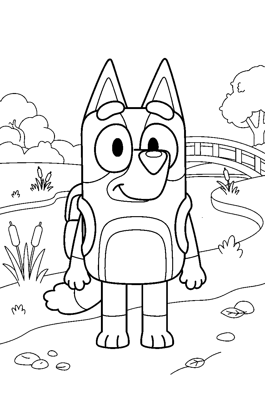 bluey in riverside park line art