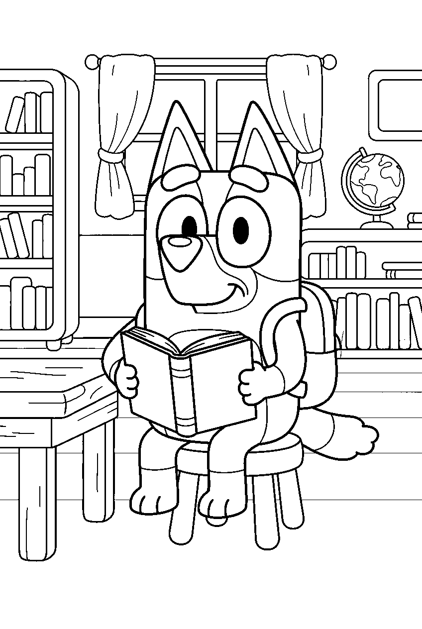 bluey in school library line art