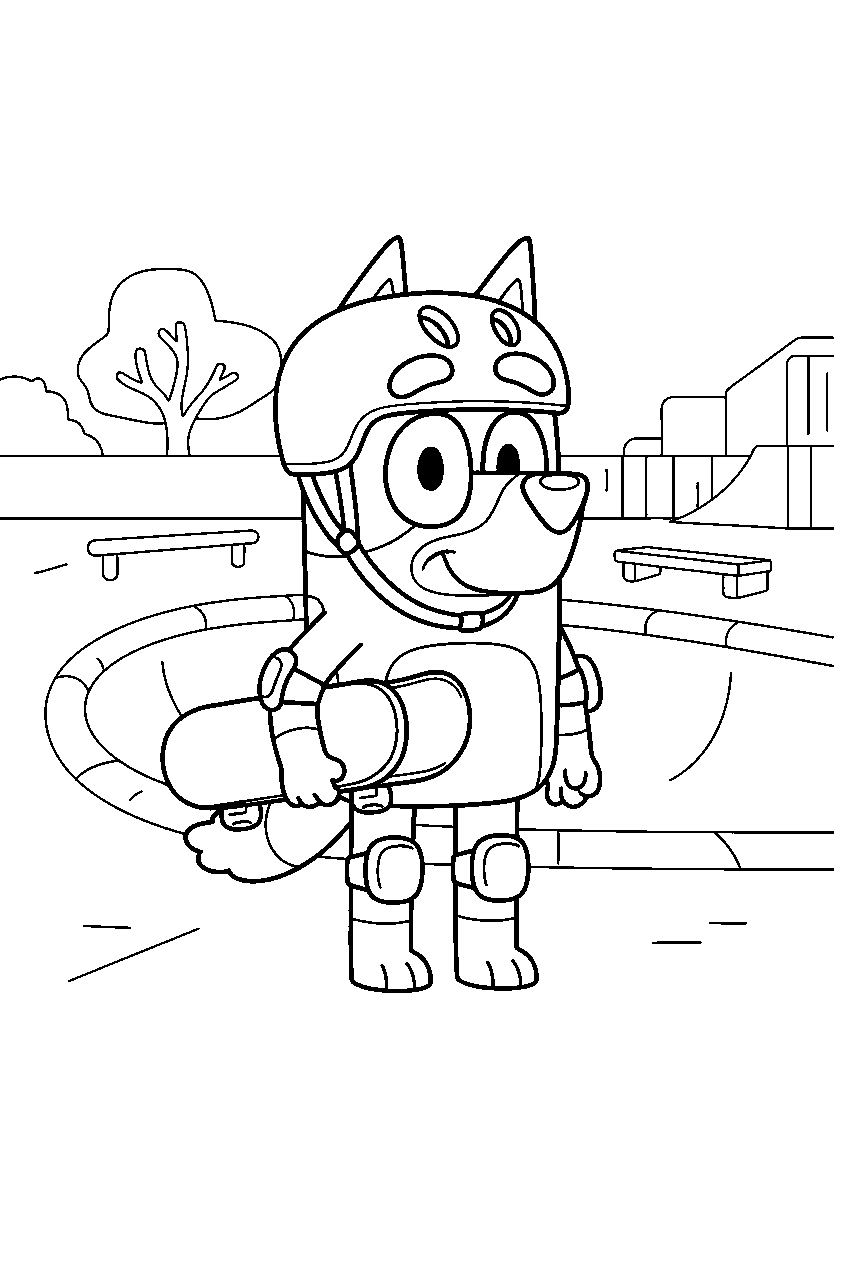 bluey in skate park line art