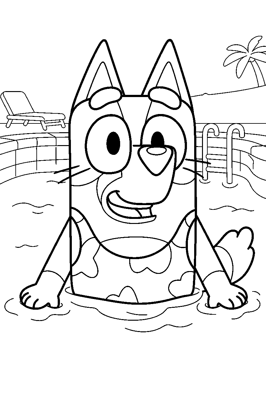 bluey in swimming pool area line art
