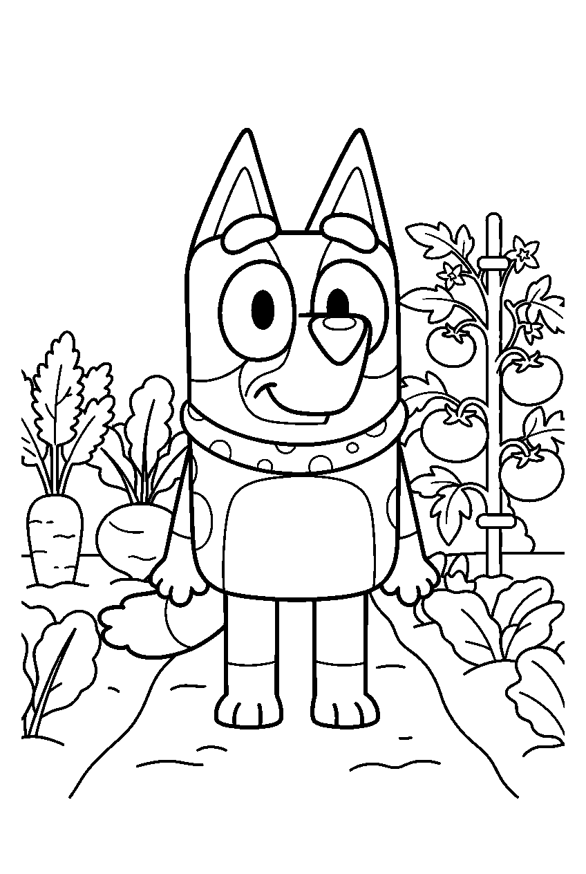 bluey in vegetable garden line art