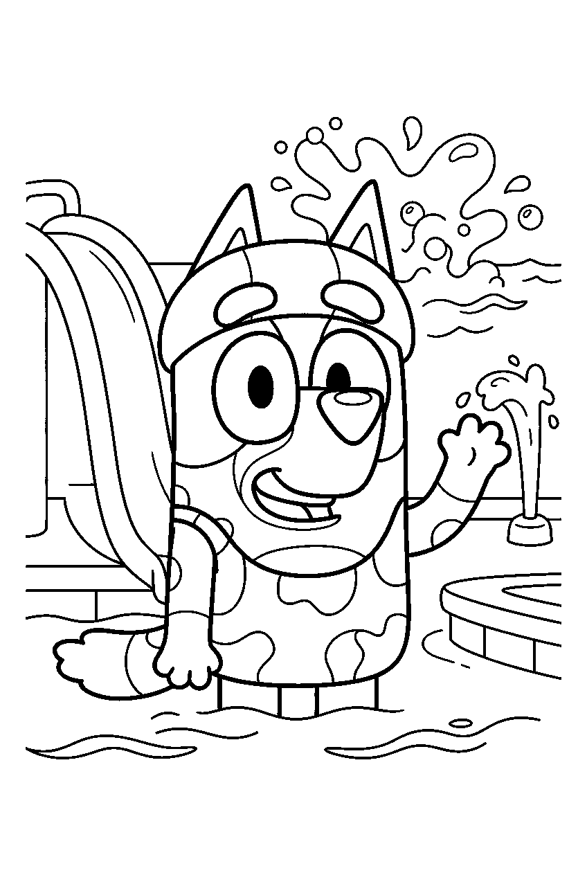 bluey in water park line art