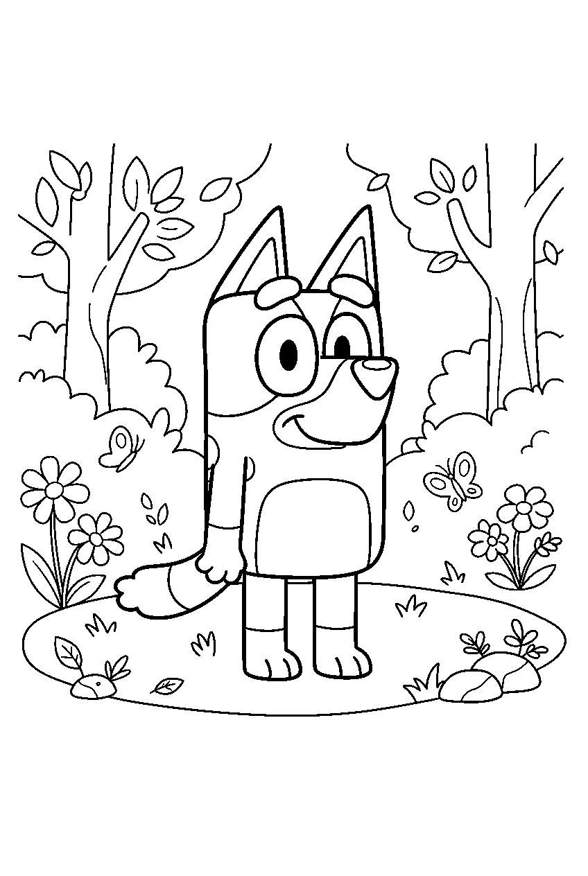 bluey in woodland clearing line art