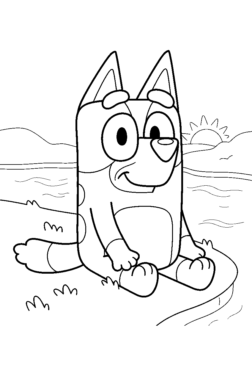bluey on riverbank line art