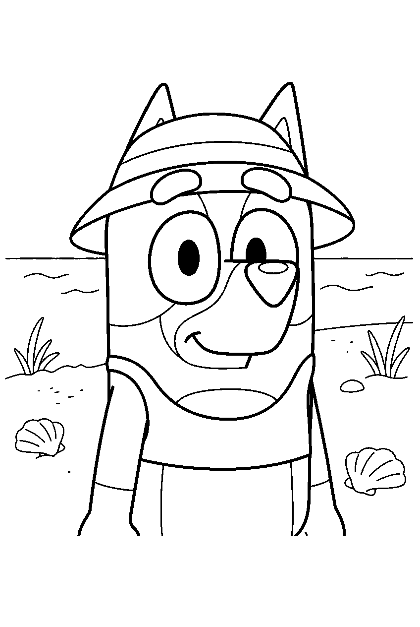 bluey on sandy beach line art