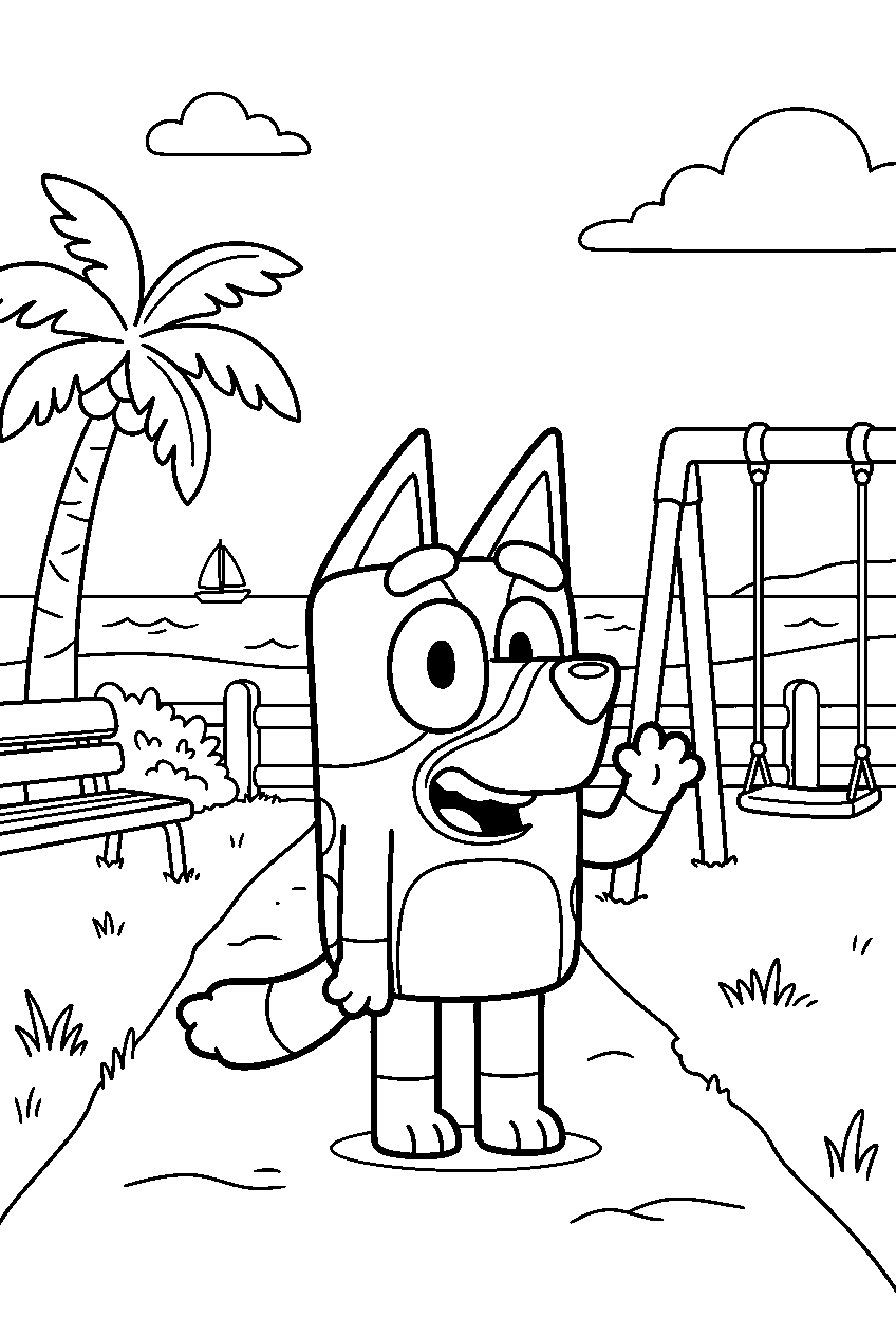 bluey posing in seaside park line art
