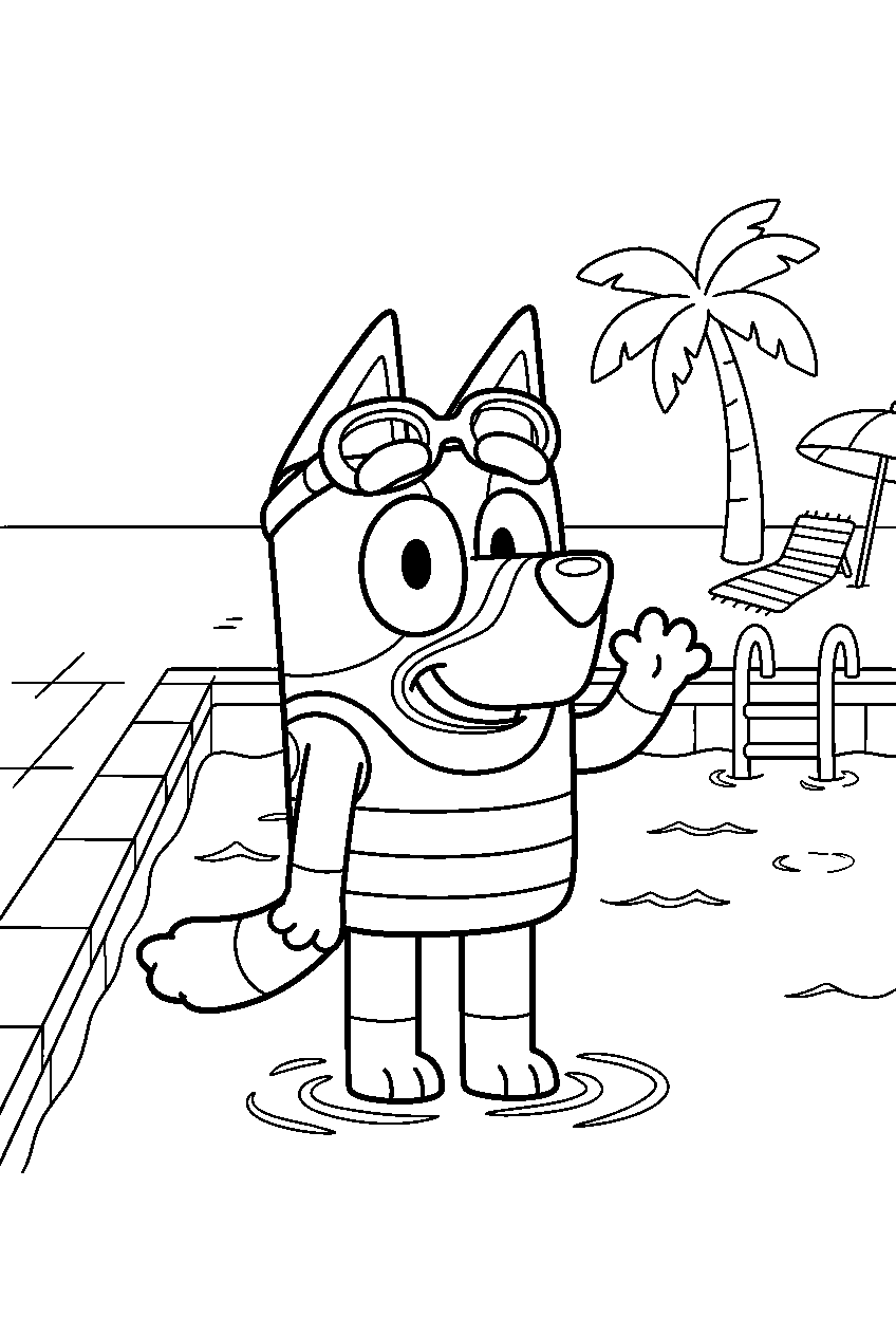 bluey posing in swimming pool area line art