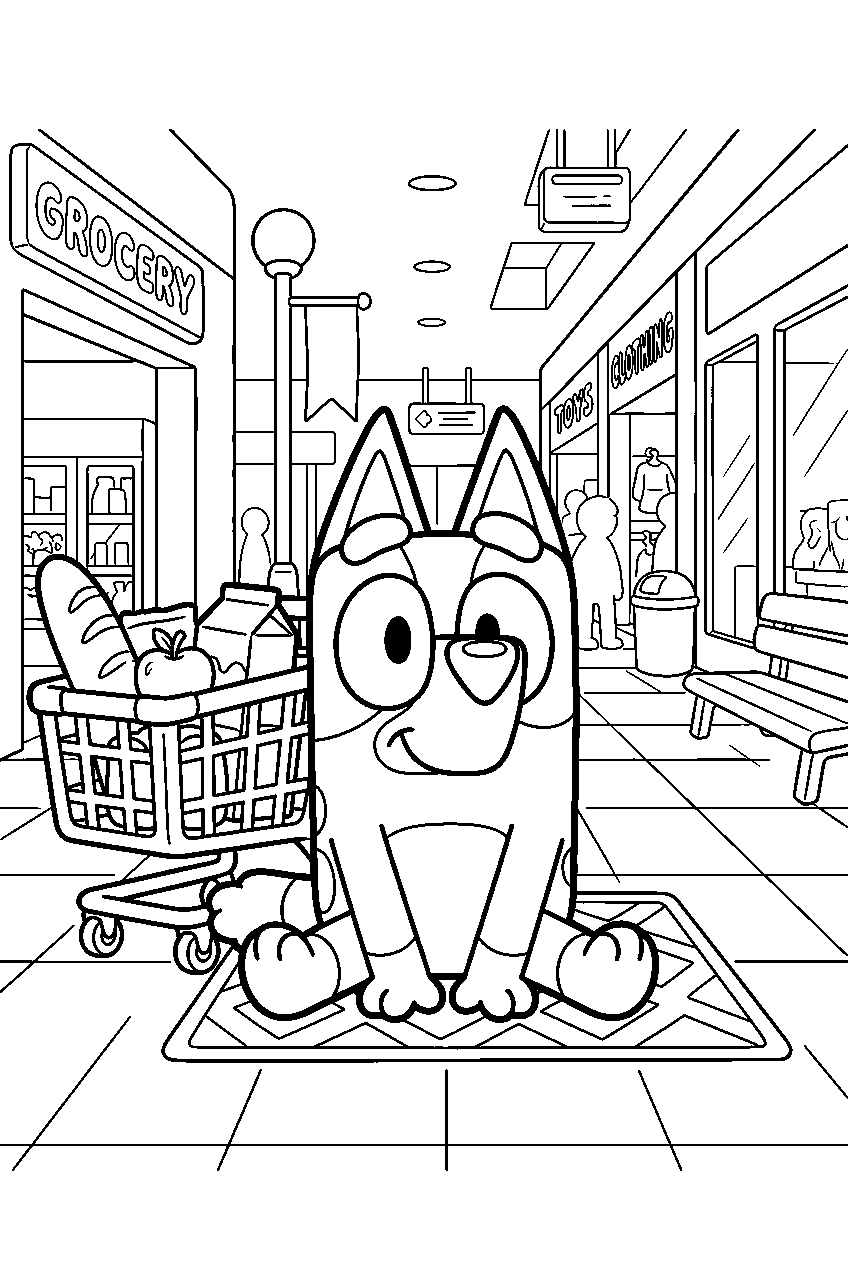 bluey sitting in shopping center line art